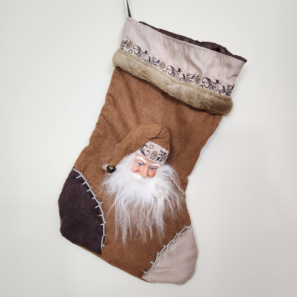 3D Santa Claus Sculpture Christmas Stocking Brown Faux Suede Embroidered - Picture 2 of 7